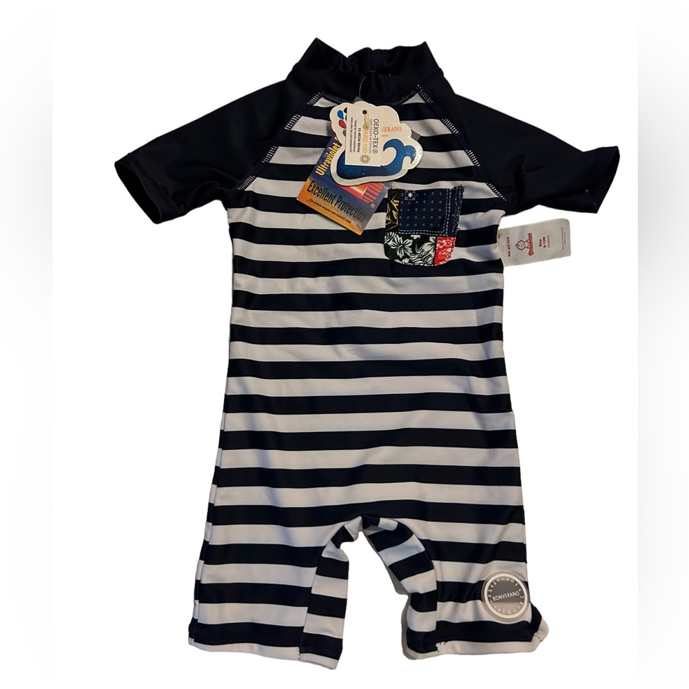 BONVERANO Infant navy blue Swim Rashguard 9-12 Months UV protection zip back NWT
